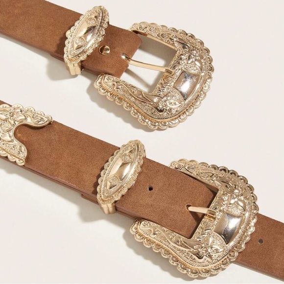 Double Brown Western Belt with Gold Buckles - Picture 4 of 5
